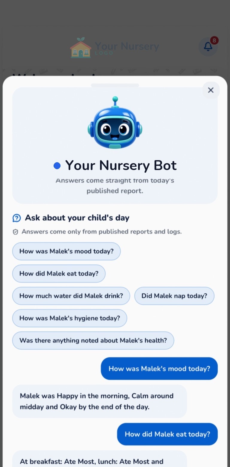 Your Nursery Bot conversation inside the Scovec Care parent app